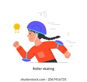 Girl rides on roller skates. Child wearing helmet and protective shields plays sports. Character in training. Physical activity or pleasant entertainment for children. Cartoon flat vector illustration