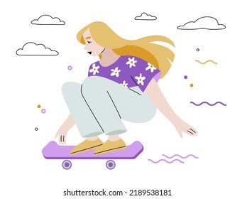 Girl rides on a skateboard. Hand drawn vector illustration. Isolated on white background. Trendy art.