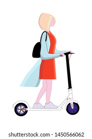 The girl rides on a white electric scooter. Blonde riding on environmentally friendly transport. Electrosamokat transtort of the future, transport of a large city, for people who value their time.