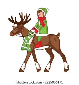 A girl rides a reindeer. Winter illustration on a white background.