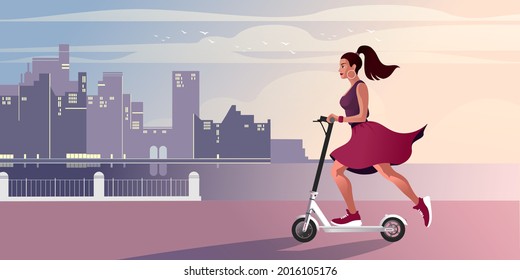 A girl rides a scooter along the city evening embankment. Vector illustration.