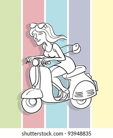 girl rides scooter in color background, pretty posh girl