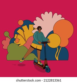 A girl rides a scooter. Colorful illustration of a woman on a scooter.