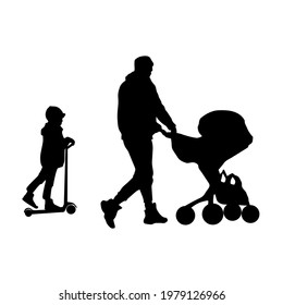 The girl rides a scooter, the father carries the stroller with the child. Black silhouette, vector illustration.