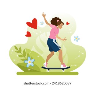 A girl rides a skateboard balancing with her hands. Skateboarding is a summer sport. An active type of outdoor recreation in the park. Flat vector illustration in cartoon style