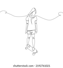 Girl rides a skateboard one line art. Continuous line drawing sports, training, sport, leisure, teenager, doing tricks, street culture, subculture, urban, extreme, youth woman, stadium.