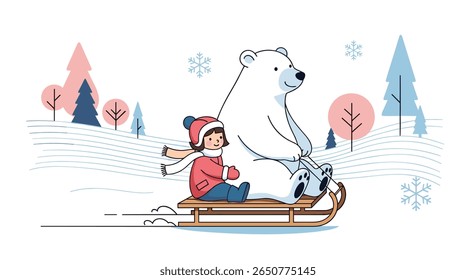 A girl rides a sled with a polar bear through a winter wonderland