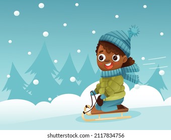 A girl rides a sled in winter against the backdrop of snow and firs. Vector illustration for designs, prints and patterns. Vector illustration