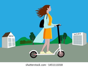 Girl rides a white electric scooter. A young girl rides on environmentally friendly transport. The electrostatic scooter of the future, the transport of a big city, for people who value their time.