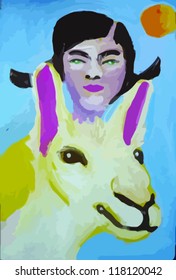 girl riding animal, painting
