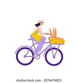 Girl riding bakers bike with basket full of pastry. Woman sells bread from bicycle. Flat vector illustration  