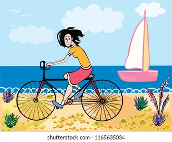 A girl is riding a bicycle along the seashore