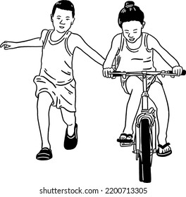 Muchacha montando bicicleta Niño corriendo Niños Jugar tiempo Dibujo de la línea Ilustración