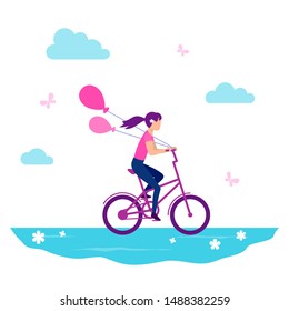 Girl riding a bicycle. Cyclings, healthy lifestyle. Eps10 vector flat illustration.