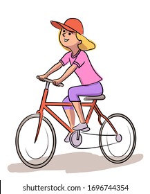 Girl riding bicycle flat vector illustration. Young woman on bike cartoon character. Environment friendly, ecologically clean personal transport. Healthy lifestyle, nature protection