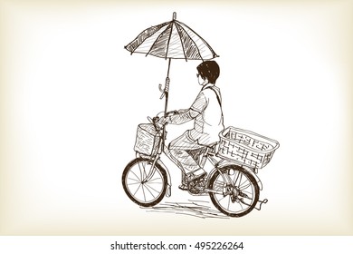  a girl riding bicycle to market and adapting umbrella on bicycle, free hand drawing sketch vector illustration
