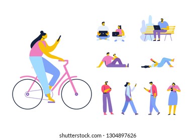Girl riding bicycle with mobile phone.  Young men and women holding smartphones and texting, talking, listening to music. People with laptop. Flat vector people isolated on white bg.