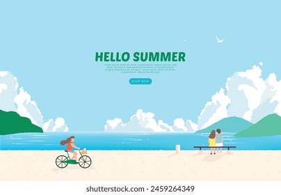 Girl riding a bicycle on the beach and couple looking  at the sea summer background