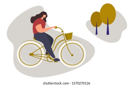 Girl is riding bicycle on gray background. Flat female character is wearing T-shirt and jeans on bicycle. Vector illustration.