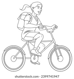 A girl riding a bicycle in outline and vector format.
