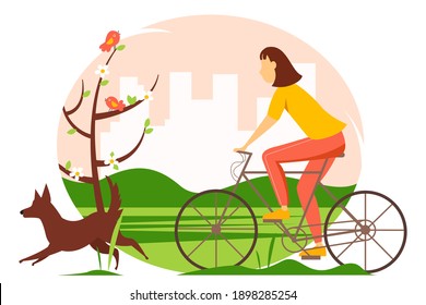 Girl riding a bicycle in the park with a dog. Spring vector illustration in flat style.