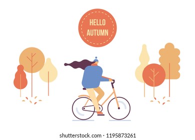 Girl riding bicycle in public autumn park. Autumn template. Vector illustration for card, poster,web. Flat style.