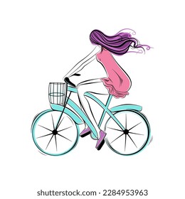 A girl is riding a bicycle. Recreation in nature. A healthy lifestyle. Silhouette. Vector. Linear drawing on white background. Cartoon, flat illustration. 