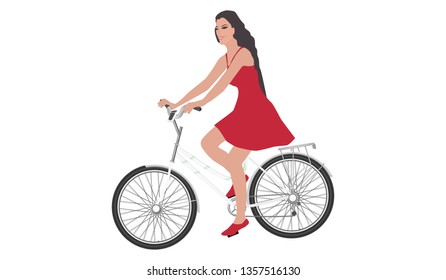 A girl riding a bicycle in a red dress, long flowing hair - isolated on white background - vector