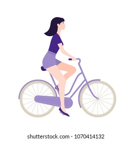 The girl is riding a bicycle. Rest and vacation. Healthy lifestyle. Vector flat illustration.