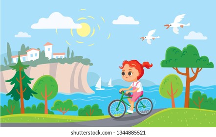 Girl riding a bicycle. Summer mediterranean background.