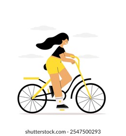 Garota andando de bicicleta. Mulher andando de bicicleta. Estilo de vida ativo e conceito de esporte. Ilustração vetorial