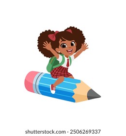 Girl riding a big pencil flying to school. Back to school. 