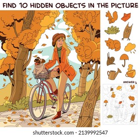 Girl riding bike in autumn park  Find 10 hidden objects in the picture  Puzzle Hidden Items  Funny cartoon character  Vector illustration  Set