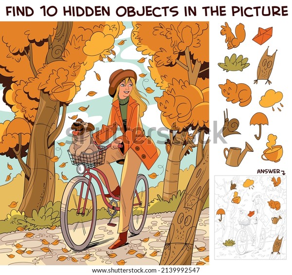 Girl riding a bike in autumn park. Find\
10 hidden objects in the picture. Puzzle Hidden Items. Funny\
cartoon character. Vector illustration.\
Set