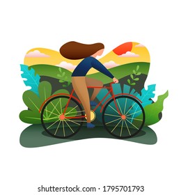 Girl riding a bike, flat color design abstract modern trendy vector character illustration. Young woman on a bicycle, cycling in the hills. Healthy lifestyle concept.