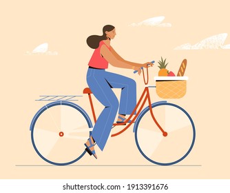 Girl riding a bike with front basket with baguette, paprika, pineapple. Vector illustration. 