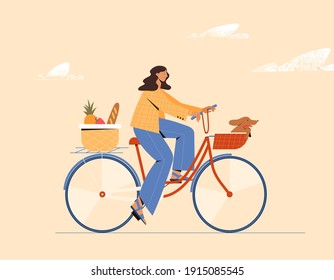 Girl Riding A Bike With Front Basket With A Cute Dog And Basket With Grocery Products. Vector Illustration. 