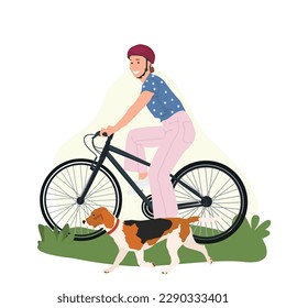 Girl riding a bike and her dog walking next to her.