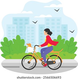 girl riding a bike with her dog in the basket concept, ownertrainer strolls his pet during ride vector design, Pet foster hotel Symbol, kennel animals Sign, Human-animal interaction scene illustration