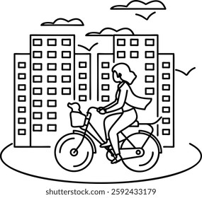 girl riding a bike with her dog in the basket outline concept, ownertrainer strolls his pet during ride vector design, Pet foster hotel Symbol, kennel animal Sign Human-animal interaction illustration