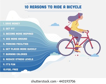 Girl riding a bike. List of ten reasons to ride a bicycle.