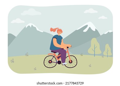 Niña montando bicicleta en la montaña ilustración plana vectorial. Feliz ciclismo adolescente en la naturaleza, haciendo deporte. Recreación, transporte, concepto de viaje para banner, diseño de sitio web o página web de aterrizaje