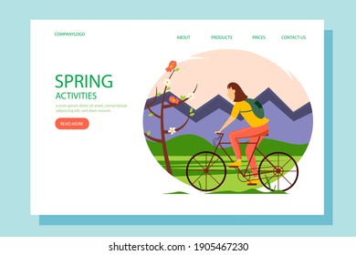 Girl riding a bike in a national park. Landing page template. Vector illustration of an active lifestyle, outdoor recreation, travel, cycling.
