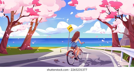 Girl riding bike on japanese road near coast through sakura forest with falling petals. Cherry blossom sea view vector cartoon background. Female cyclist ride downhill to ocean on weekend.