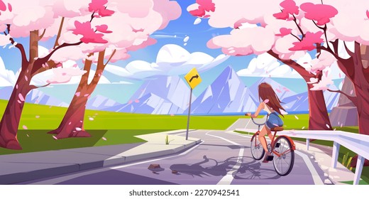 Muchacha montando bicicleta en el camino japonés cerca de la montaña a través del bosque sakura con pétalos en caída. Caricatura vectorial de la vista del valle del rock en flor de cerezo. Paseo de ciclista el fin de semana.