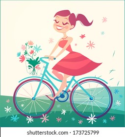 Girl is riding bike on spring field. Vector illustration.