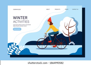 Girl riding a bike in the park. Landing page template. Vector winter illustration in a flat style.