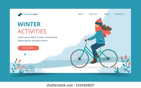 Girl riding bike in the park in winter. Landing page template. Cute vector illustration in flat style.