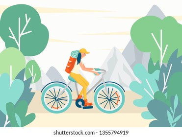 Girl riding a bike with a tourist backpack in the mountains in the style of flat