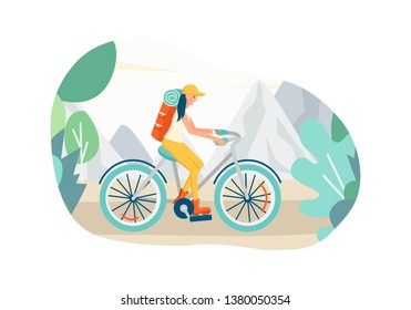 Girl riding a bike with a tourist backpack in the mountains in the style of flat